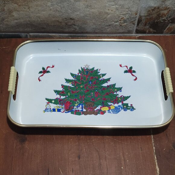 3 Piece Lacquered Tray Set Christmas Tree Scene Handled Lightweight Serving Tray - Picture 10 of 12